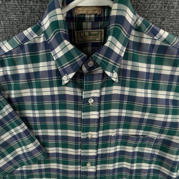 VTG LL Bean USA Made Button Up Shirt Short Sleeve Plaid Green Blue Size 15 Men - Picture 1 of 14